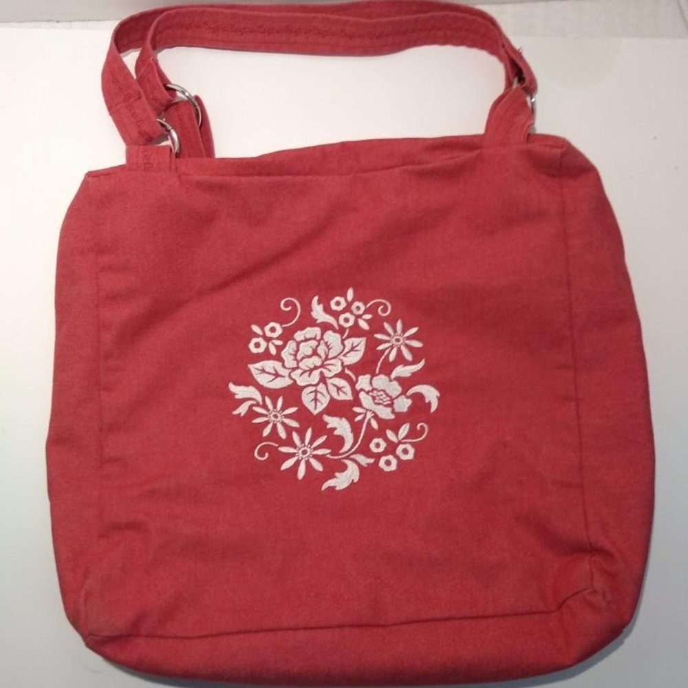 Red Large purse white embroidered flowers Handmade